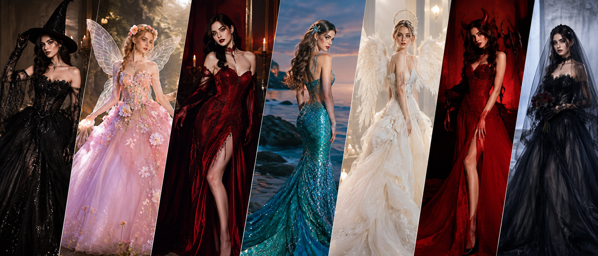 Halloween costume ideas featuring women styled in prom dresses as a witch, fairy, vampire, mermaid, angel, devil, and dark bride.