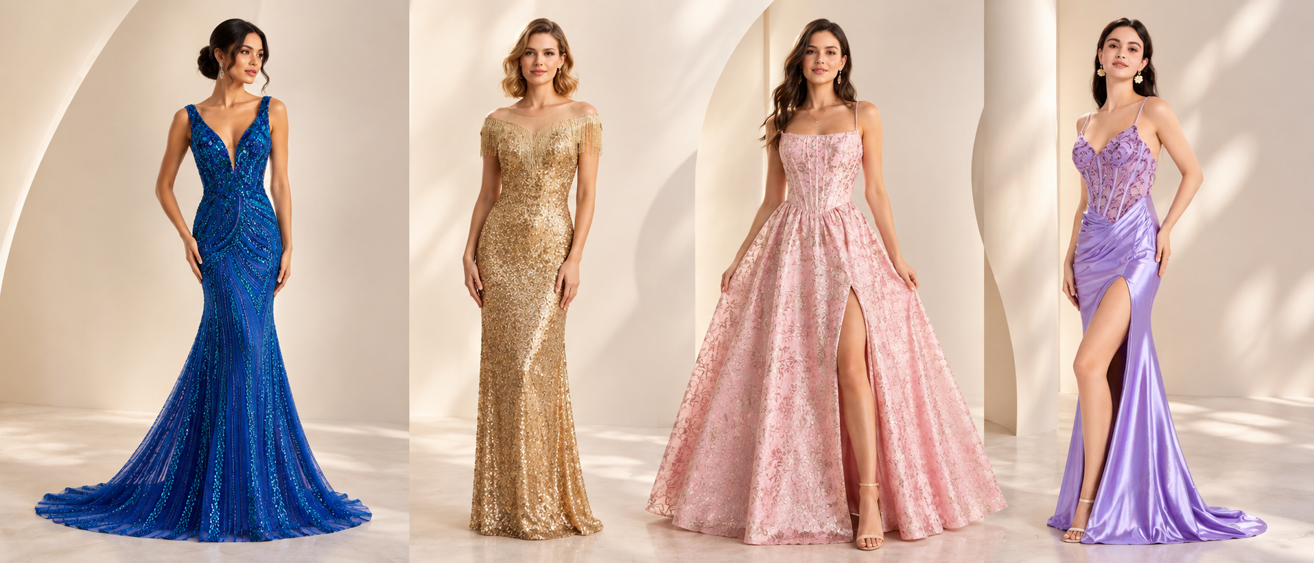 Four women wearing elegant evening dresses showcasing different dress silhouettes, including a blue embellished mermaid gown, gold fitted sheath dress, pink A-line evening gown, and lavender fitted gown with a high slit