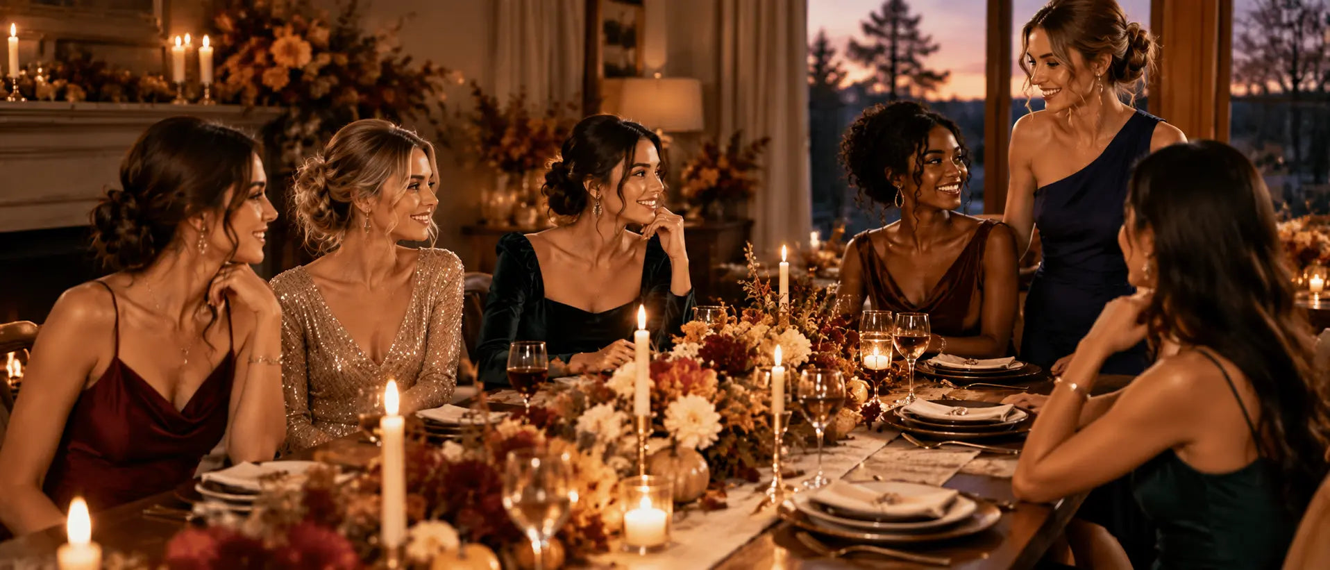 Elegant women in formal dresses gathered around a warm candlelit Thanksgiving dinner table, surrounded by autumn flowers, pumpkins and seasonal decorations in a cozy Canadian-inspired setting.