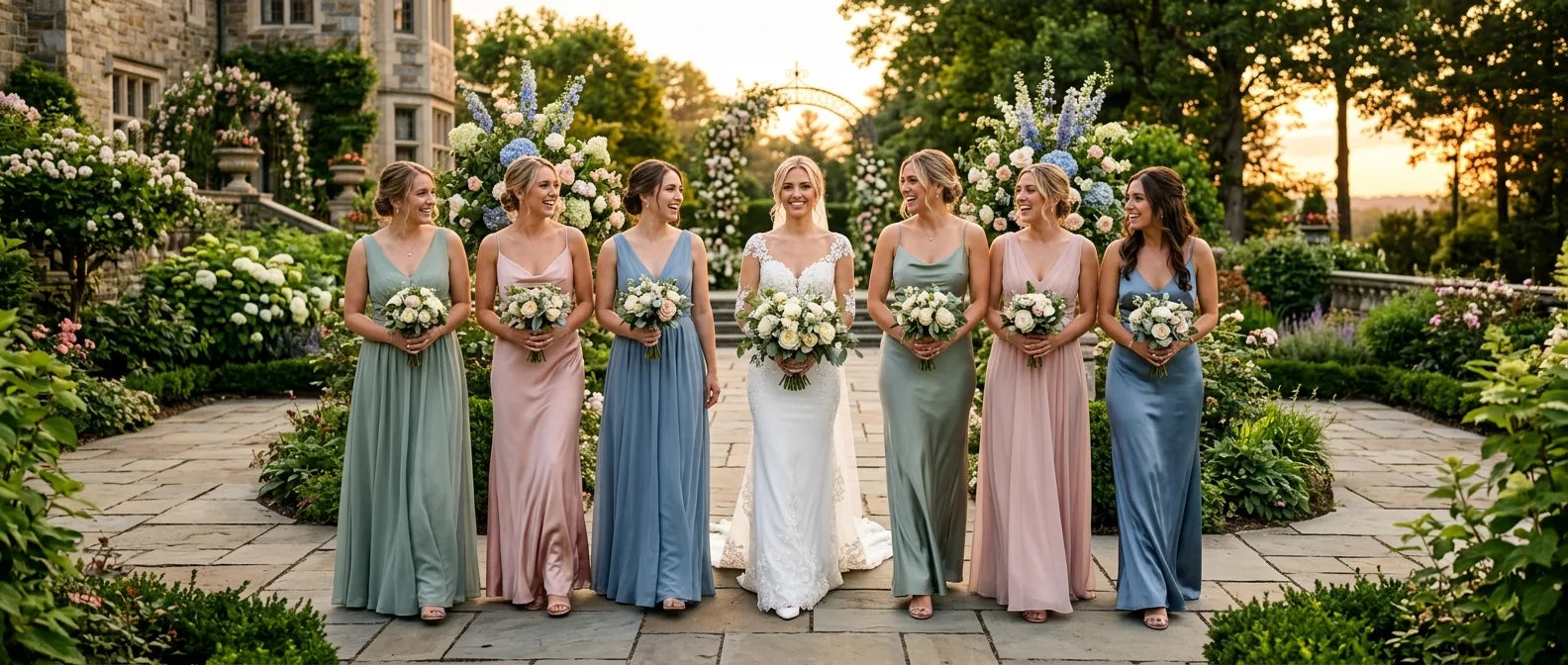 Bride and bridesmaids in elegant dresses at a wedding, showcasing coordinated bridesmaid dress styles.