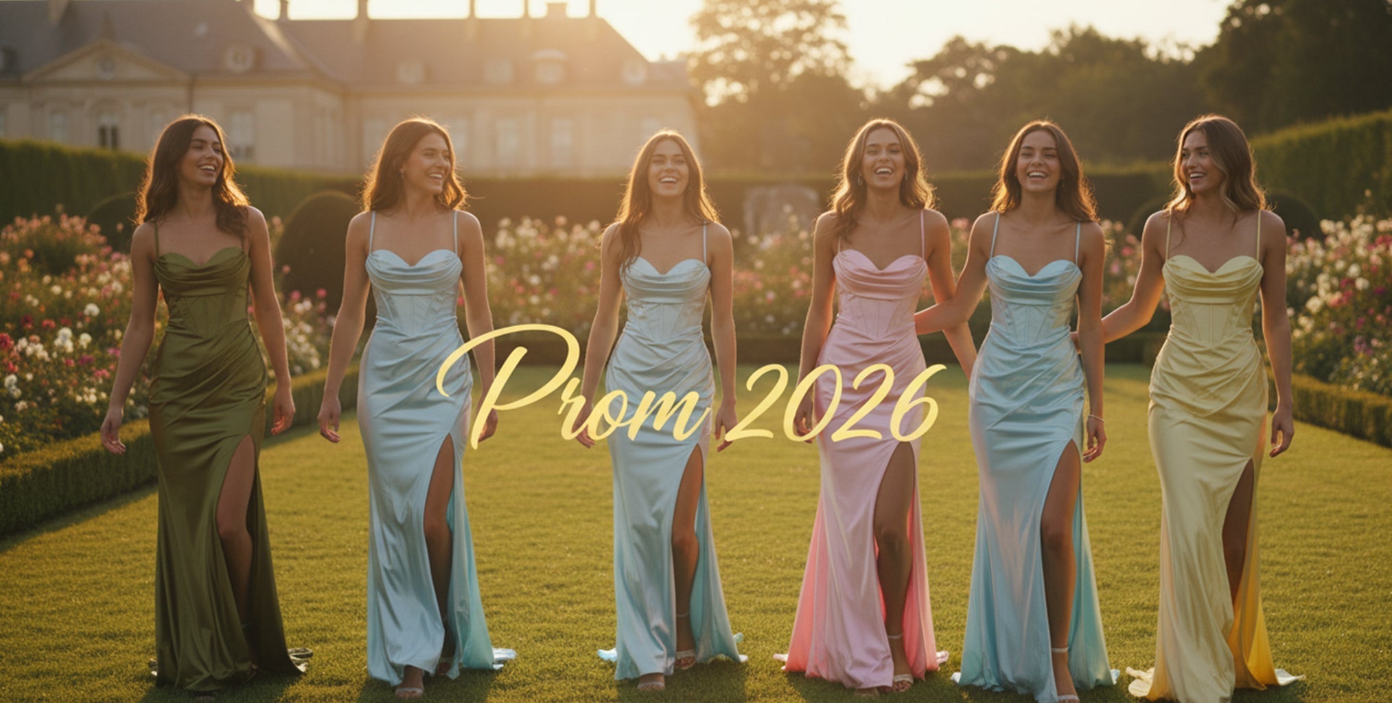 Group of friends in pastel satin prom dresses with side slits and sweetheart necklines in a garden at sunset. Text: Prom 2026.