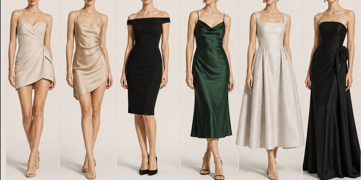A lineup of six elegant evening dresses in various styles, lengths, and colors ranging from champagne, black, deep green, to textured silver-white, displayed side-by-side on models against a plain background.