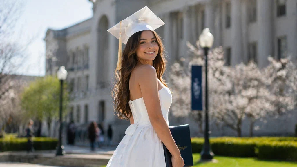 Elegant graduation dress guide featuring a graduate wearing a stylish dress under a cap and gown for a memorable graduation ceremony