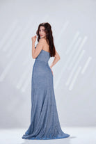 Dusty blue strapless glitter mermaid gown with side slit