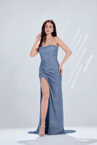 Dusty blue strapless glitter mermaid gown with deep front slit and ruched bodice
