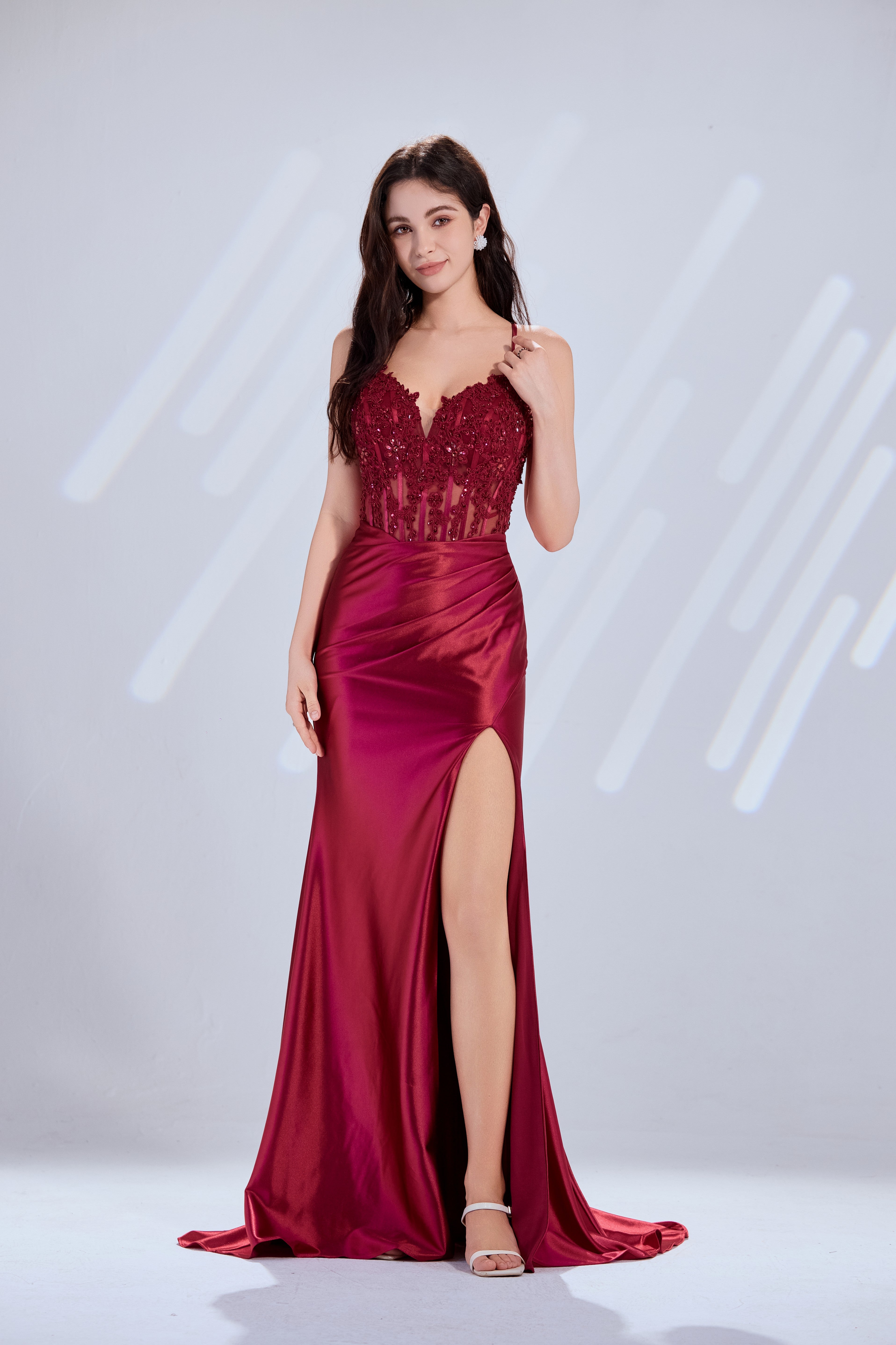 Spaghetti Strap Satin Mermaid Prom Dress with Lace Appliques-TFB8011 Wine