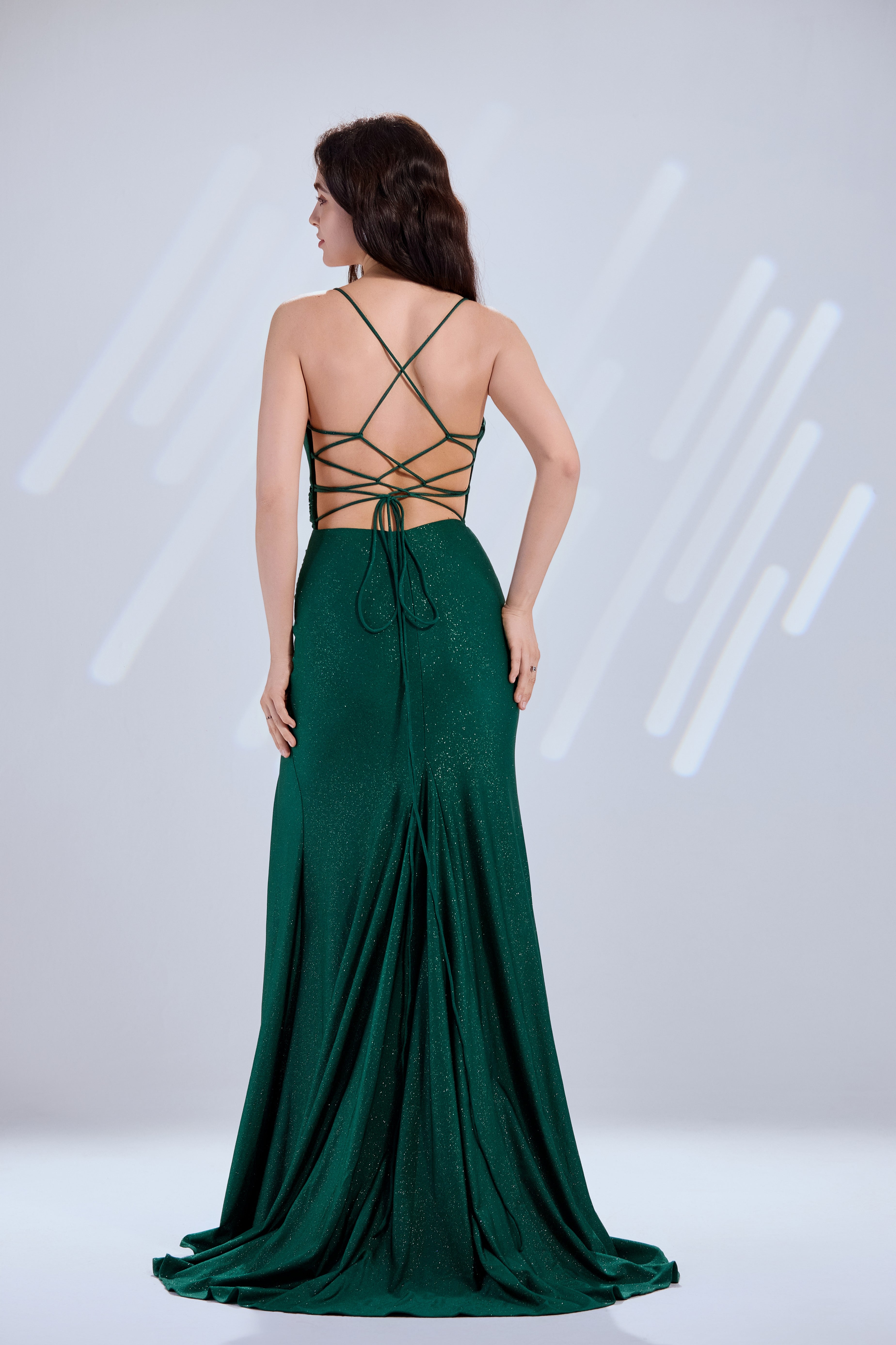 Glitter Mermaid Prom Dress with Spaghetti Straps V-Neck Lace-Up Back and High Slit-TFB8044