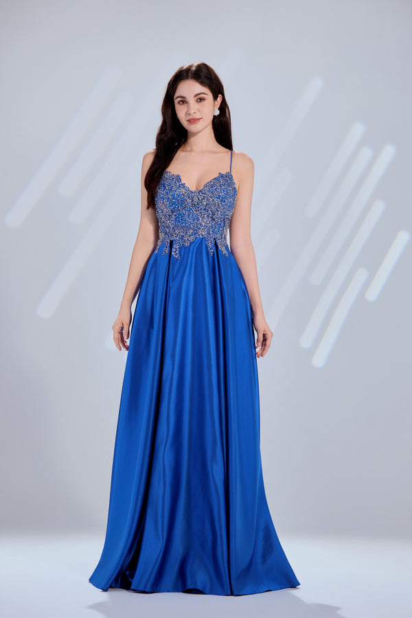 Blue satin A-line prom dress with beaded bodice and thin spaghetti straps