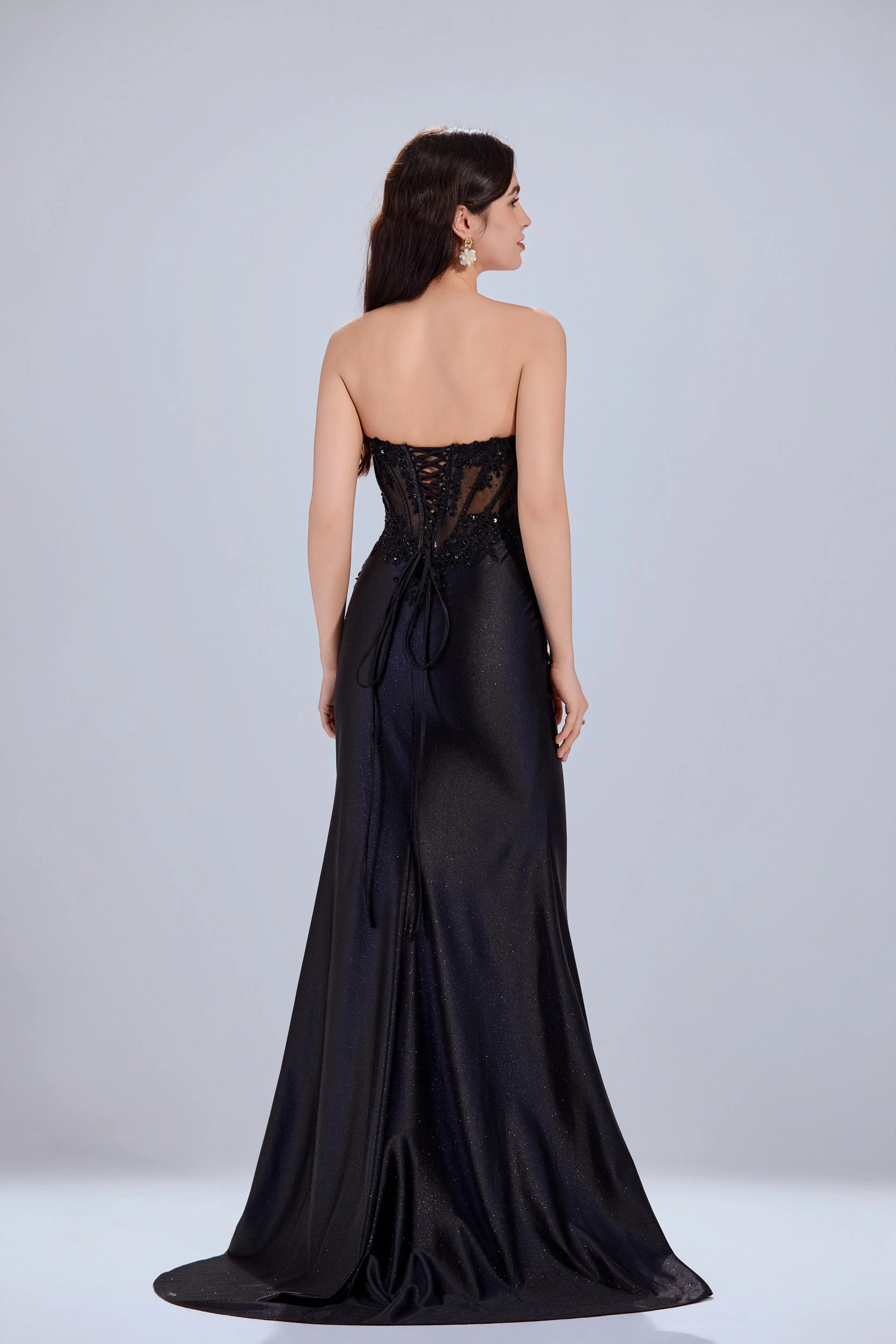 Floral Lace Corset & Asymmetrical Draped Satin Prom Dress with Slit TFB 5032 | blissfulprom