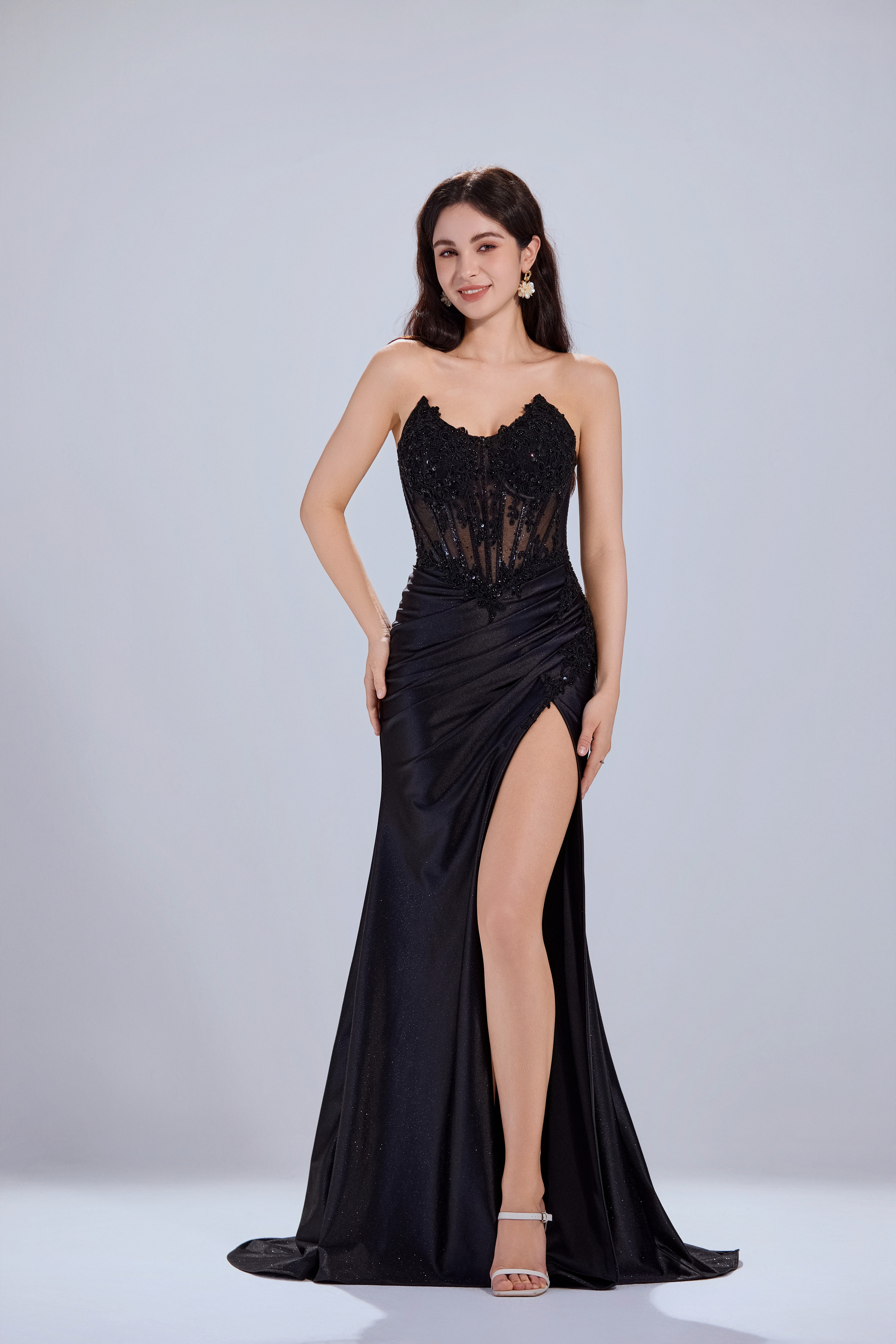 Sweetheart Neckline Lace and Draped Satin Prom Dress-TFB5032