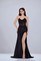 Floral Lace Corset & Asymmetrical Draped Satin Prom Dress with Slit TFB 5032 | blissfulprom