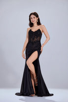Floral Lace Corset & Asymmetrical Draped Satin Prom Dress with Slit TFB 5032 | blissfulprom
