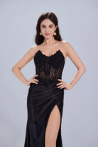 Floral Lace Corset & Asymmetrical Draped Satin Prom Dress with Slit TFB 5032 | blissfulprom