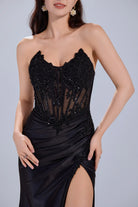 Floral Lace Corset & Asymmetrical Draped Satin Prom Dress with Slit TFB 5032 | blissfulprom