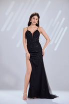 Black mermaid prom dress, 3D floral detail, spaghetti straps, sweetheart neckline, slit