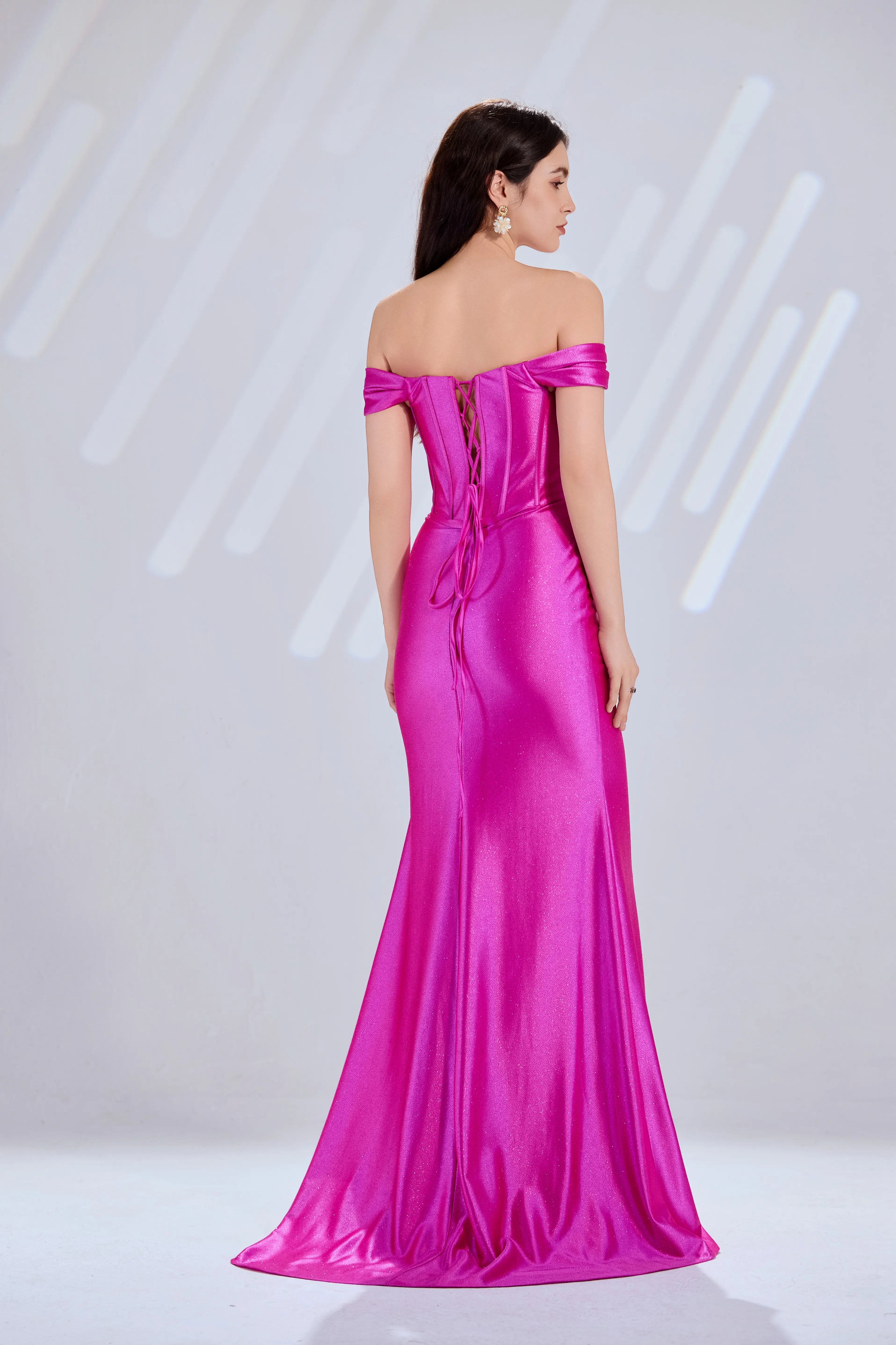 Off-Shoulder 3D Floral Lace Glitter Satin Prom Dress with Slit TFB 5037 | blissfulprom