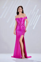 Hot pink off-shoulder satin prom dress with 3D floral lace appliques and high slit