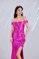 Hot pink off-shoulder satin prom dress with floral lace detail and side slit