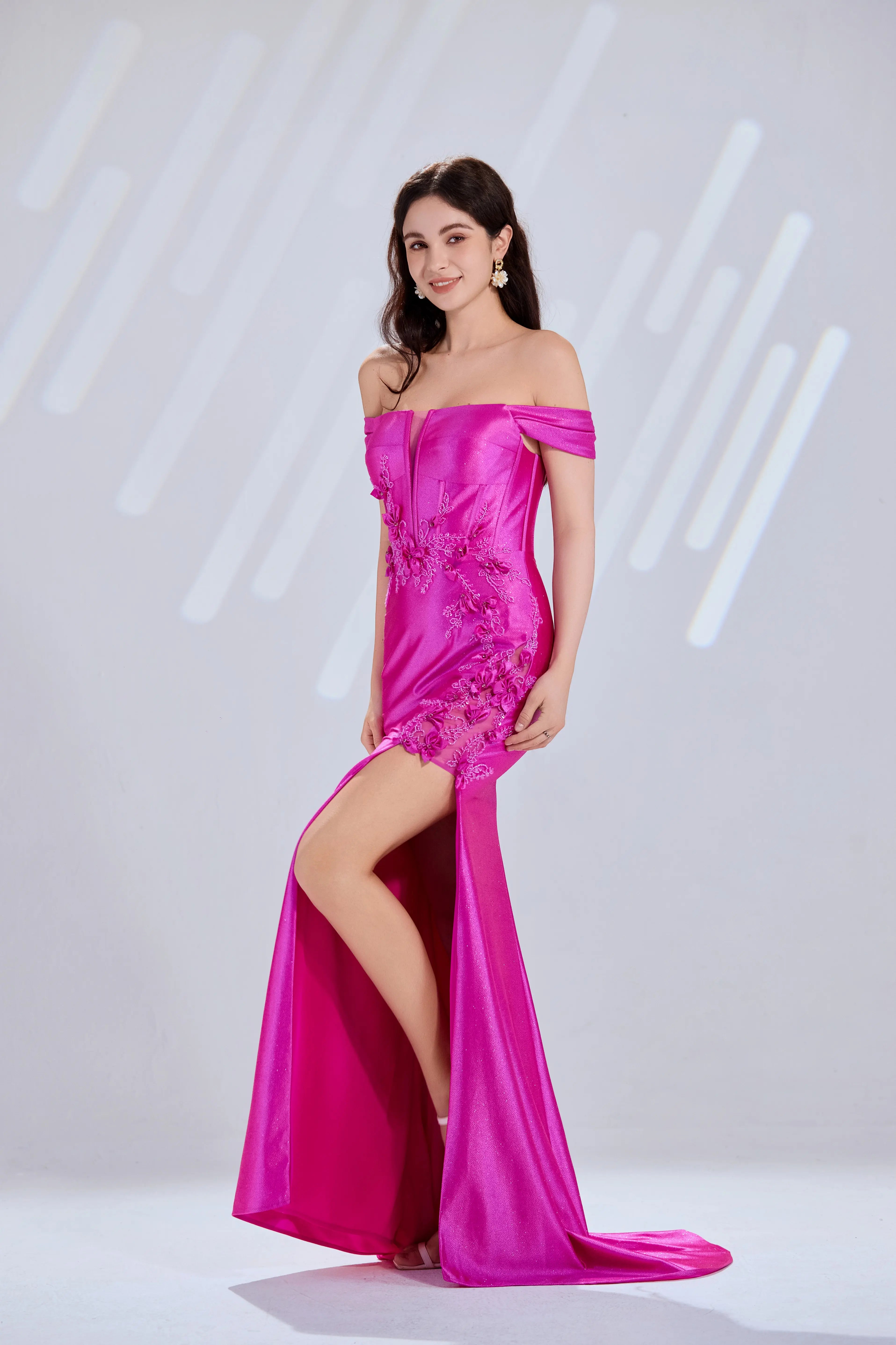 Hot pink off-shoulder satin prom dress with floral lace front and dramatic side slit