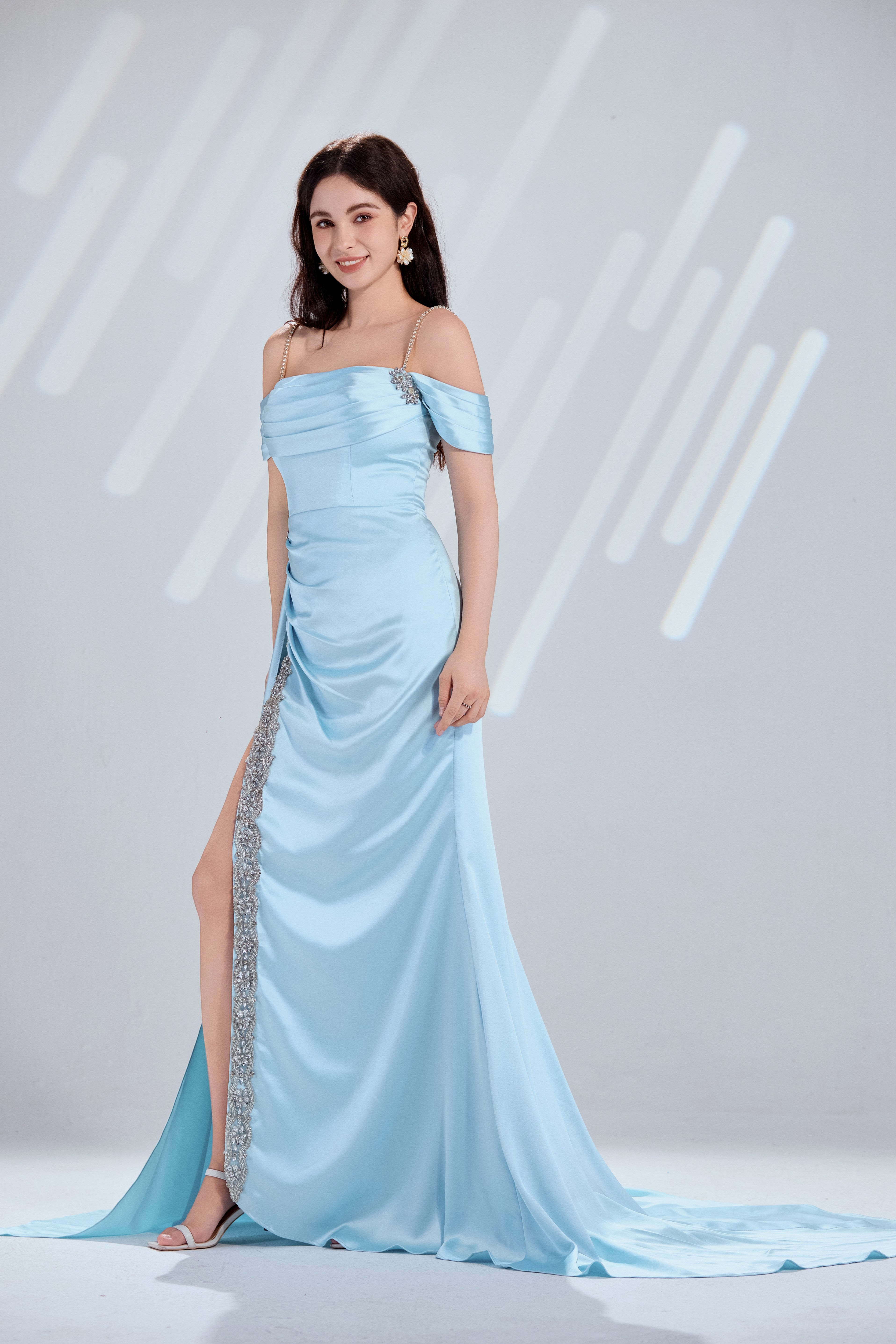 Off Shoulder Satin Prom Dress with Draped Bodice Rhinestone Straps and High Slit-TFB8046