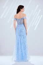 Sky blue sequin prom dress with open-back spaghetti straps, feather detail, and slit