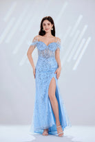 Sky blue sequin prom dress with feathered off-shoulder straps and front slit