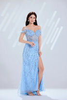 Sky blue sequin prom dress with feather off-shoulder straps and long front slit