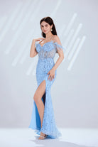 Sky blue sequin prom dress with sweetheart neckline, feather straps, and side slit