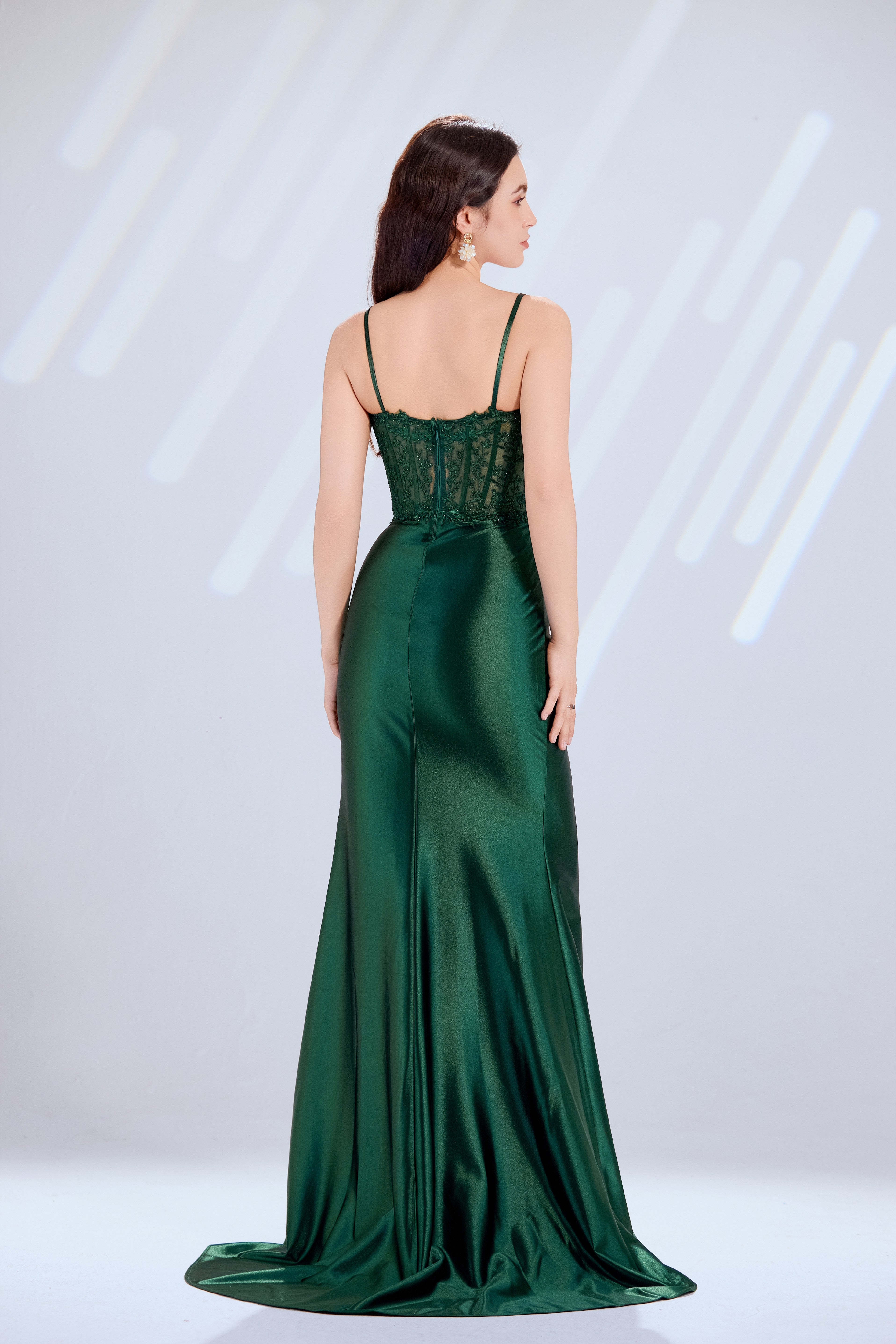 Spaghetti Strap Satin Mermaid Prom Dress with Lace Bodic-TFB8012