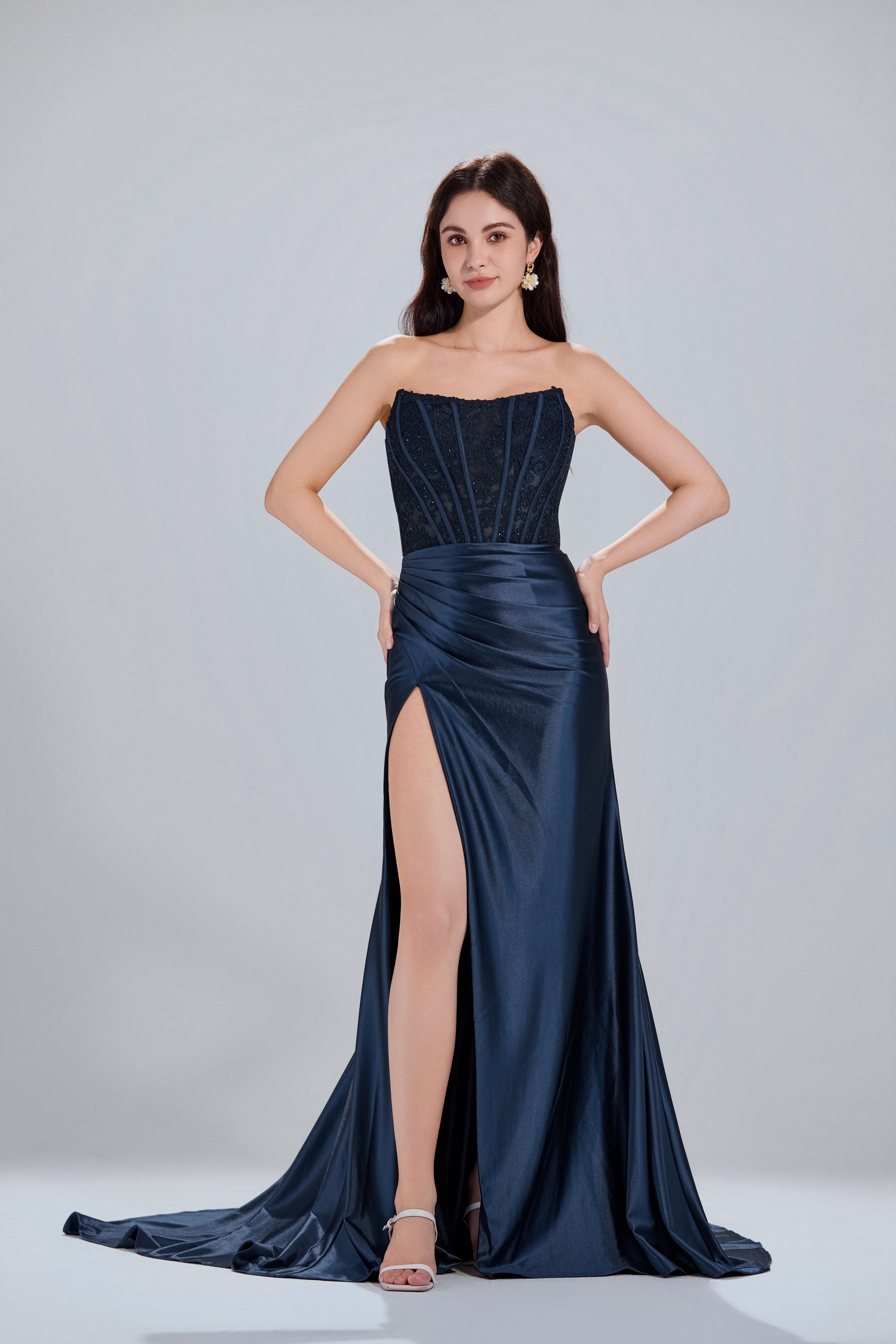 Strapless Satin Mermaid Prom Dress with Embellished Bodice and High Side Slit-TFB8015 Navy