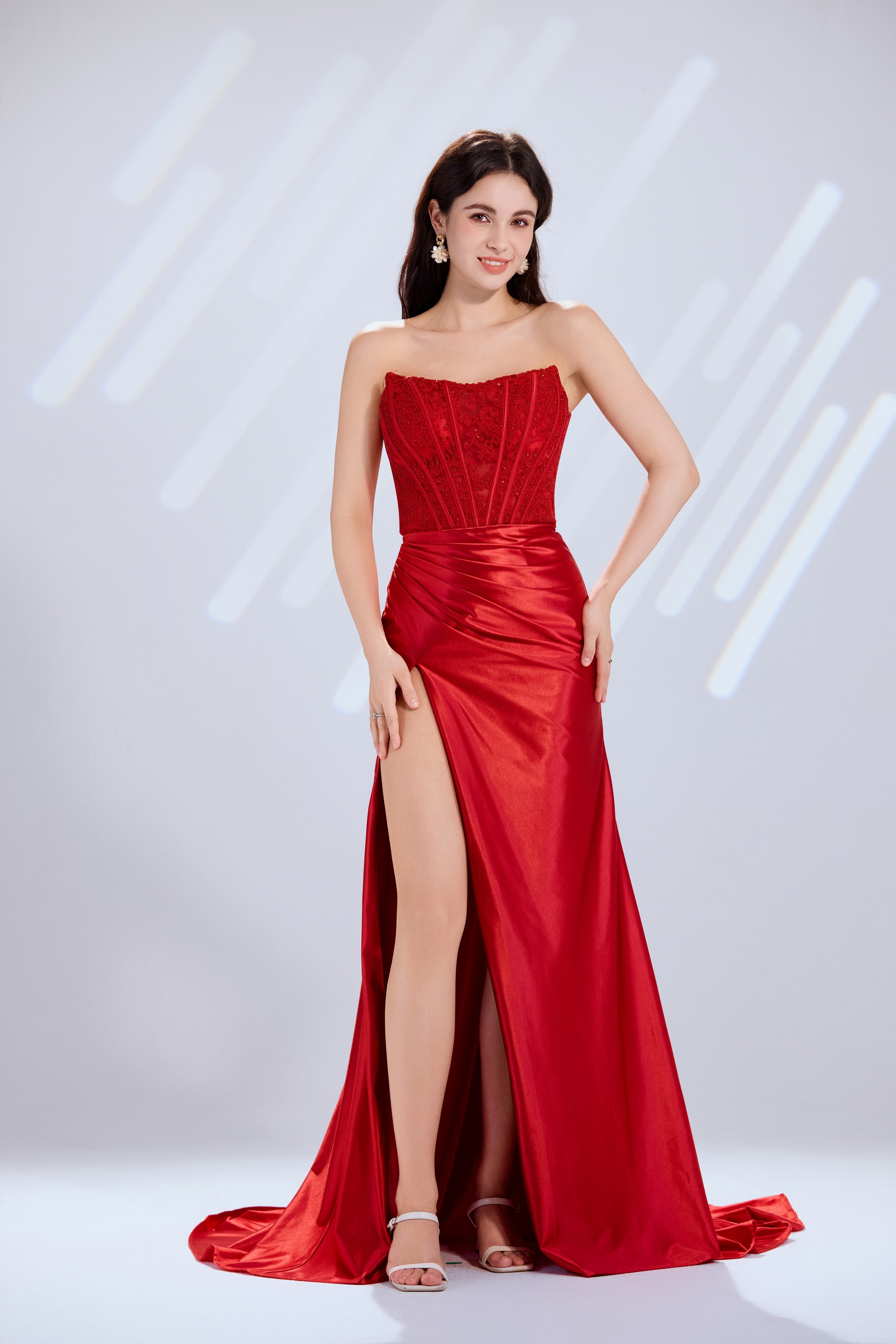 Strapless Satin Mermaid Prom Dress with Embellished Bodice and High Side Slit-TFB8015 Red