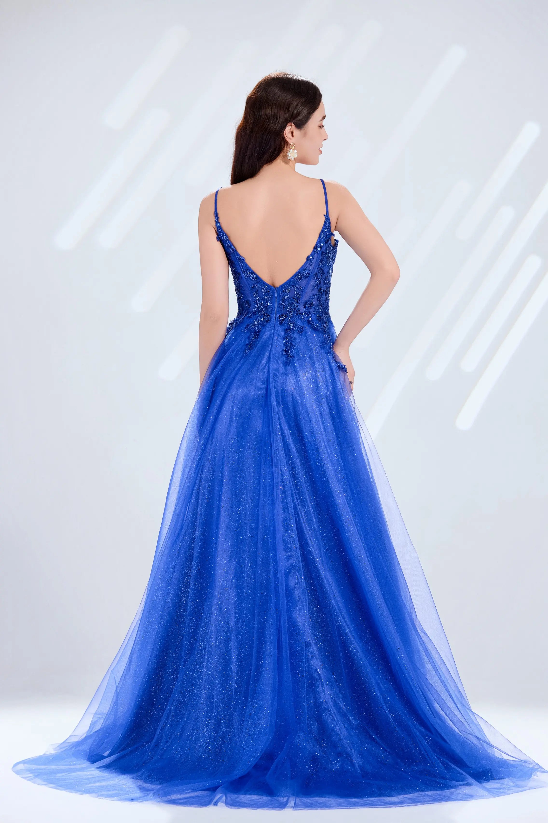 Spaghetti Strap Plunging Corset & Glitter Tulle Prom Dress with High Slit TFB 5030 | blissfulprom