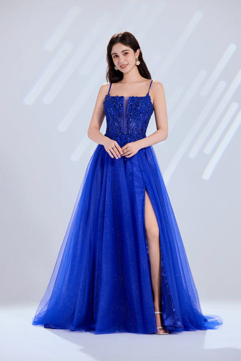 Glitter Tulle & Lace Bodice A-Line Prom Dress with Spaghetti Straps and Crisscross Back - TFB 8023 | blissfulprom