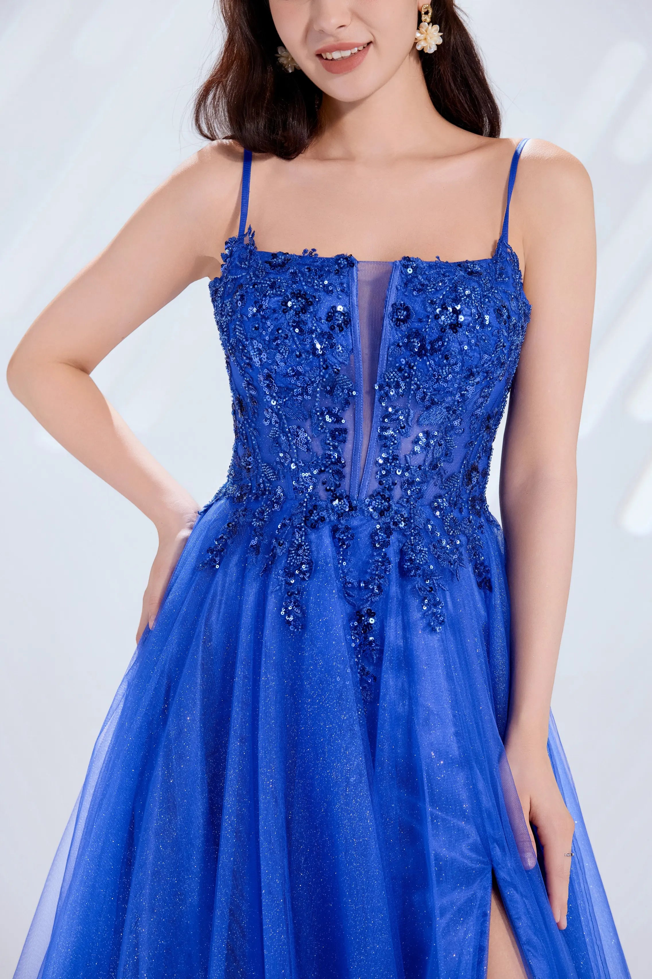 Spaghetti Strap Plunging Corset & Glitter Tulle Prom Dress with High Slit TFB 5030 | blissfulprom