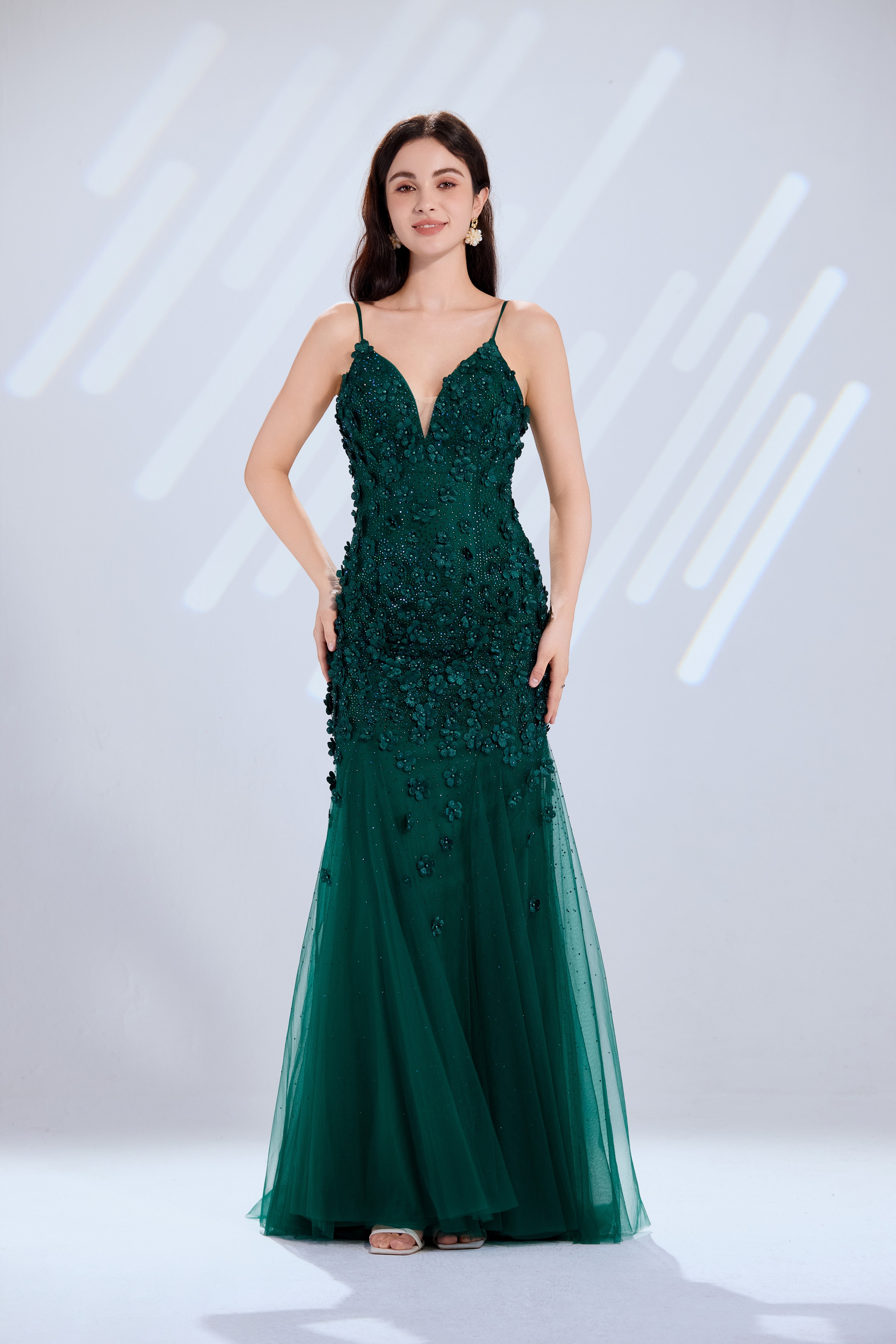 Floral Appliqué Mermaid Gown with Deep V-Neck - TFB8055