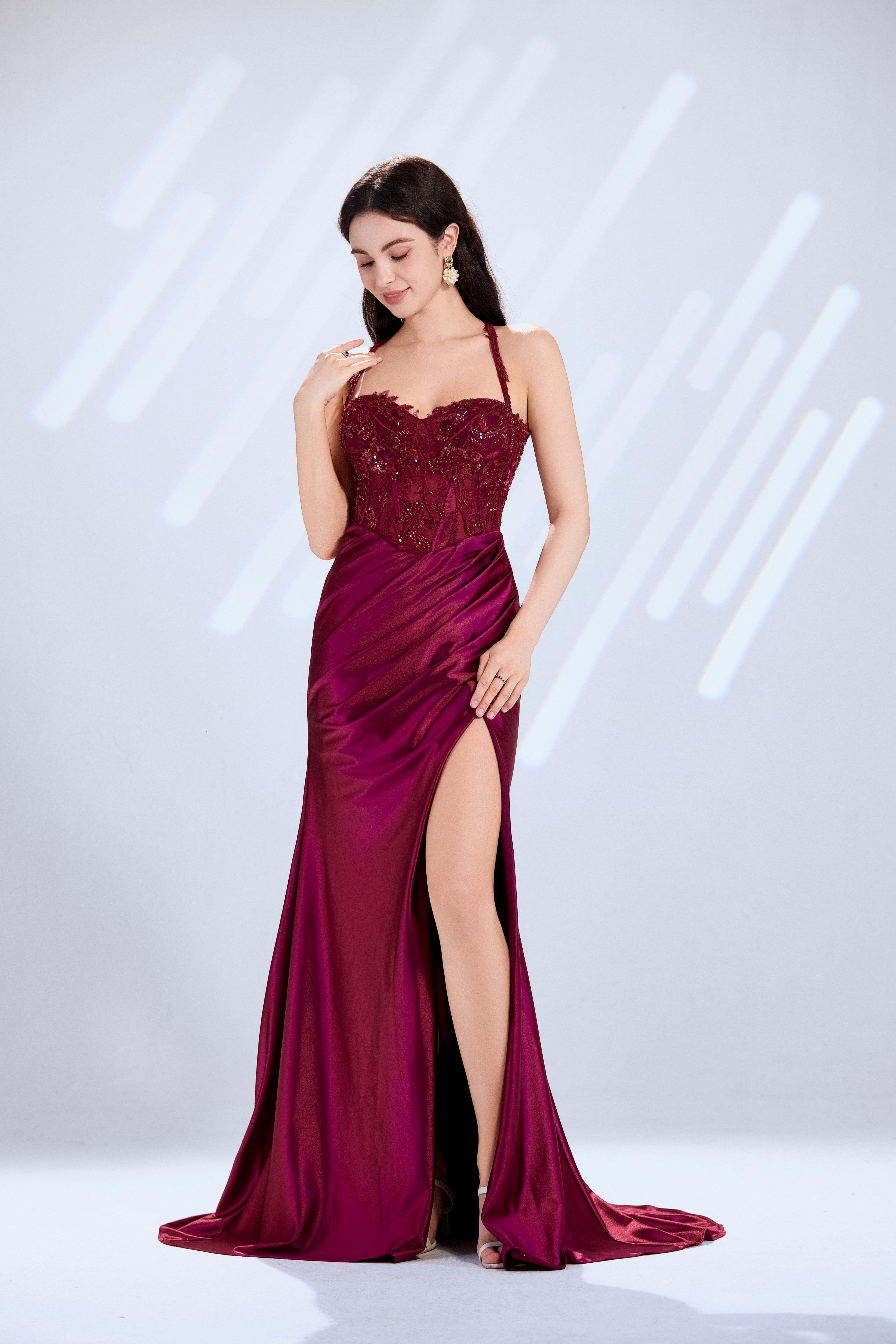Beaded Lace Satin Prom Dress with Spaghetti Straps, Side Slit & Train – TFB6022