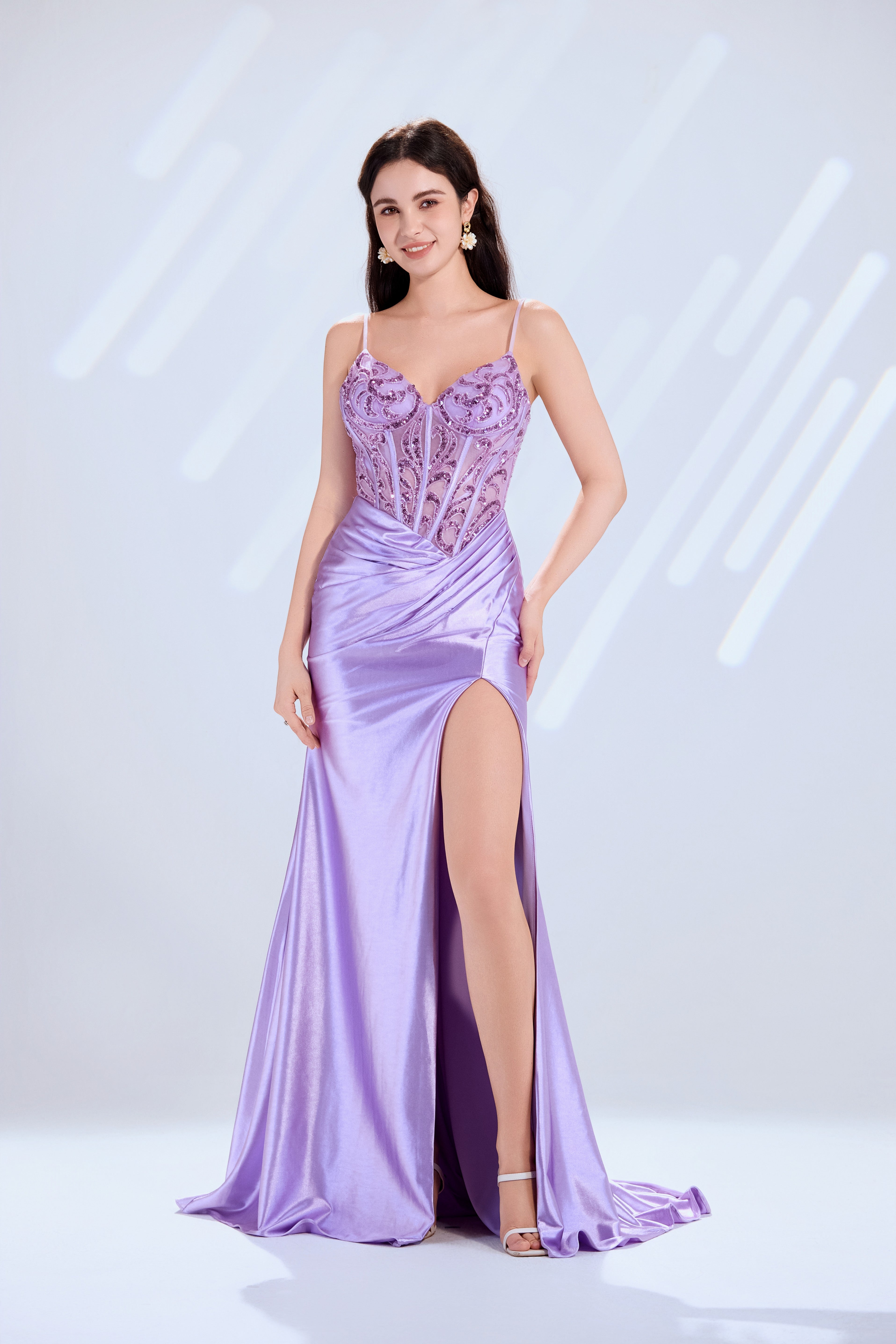 Satin Prom Dress with Beaded Bodice, Spaghetti Straps, Slit & Train – TFB6005