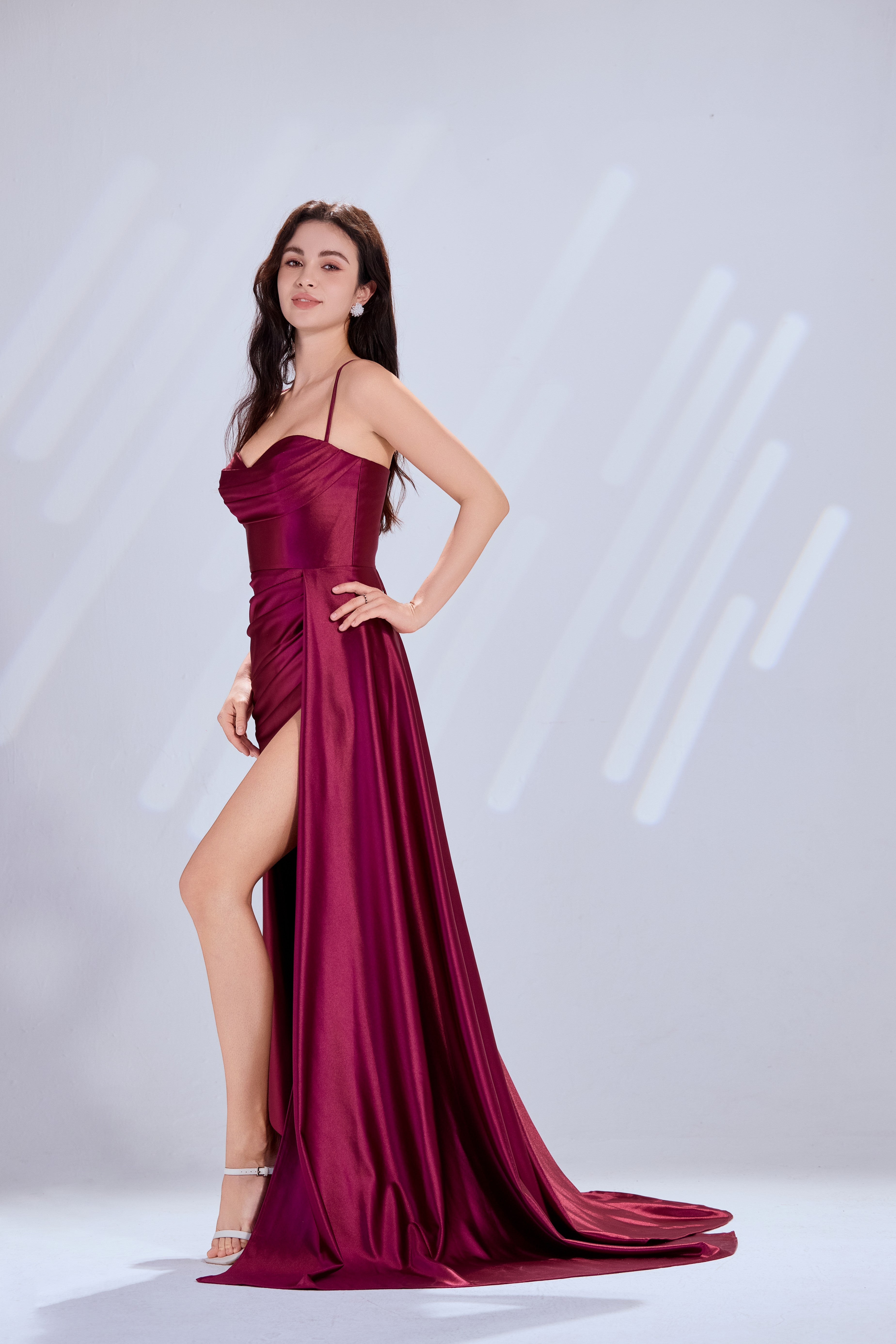 Draped Sweetheart Satin Prom Dress with Spaghetti Straps, Side Slit & Train – TFB6013