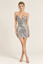 Silver sequin strapless mini dress with sweetheart neckline and corset bodice