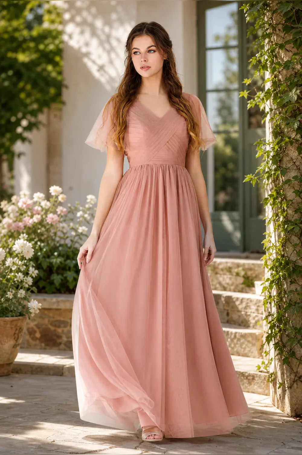 Dusty rose tulle prom dress with ruched bodice, flutter sleeves, A-line skirt