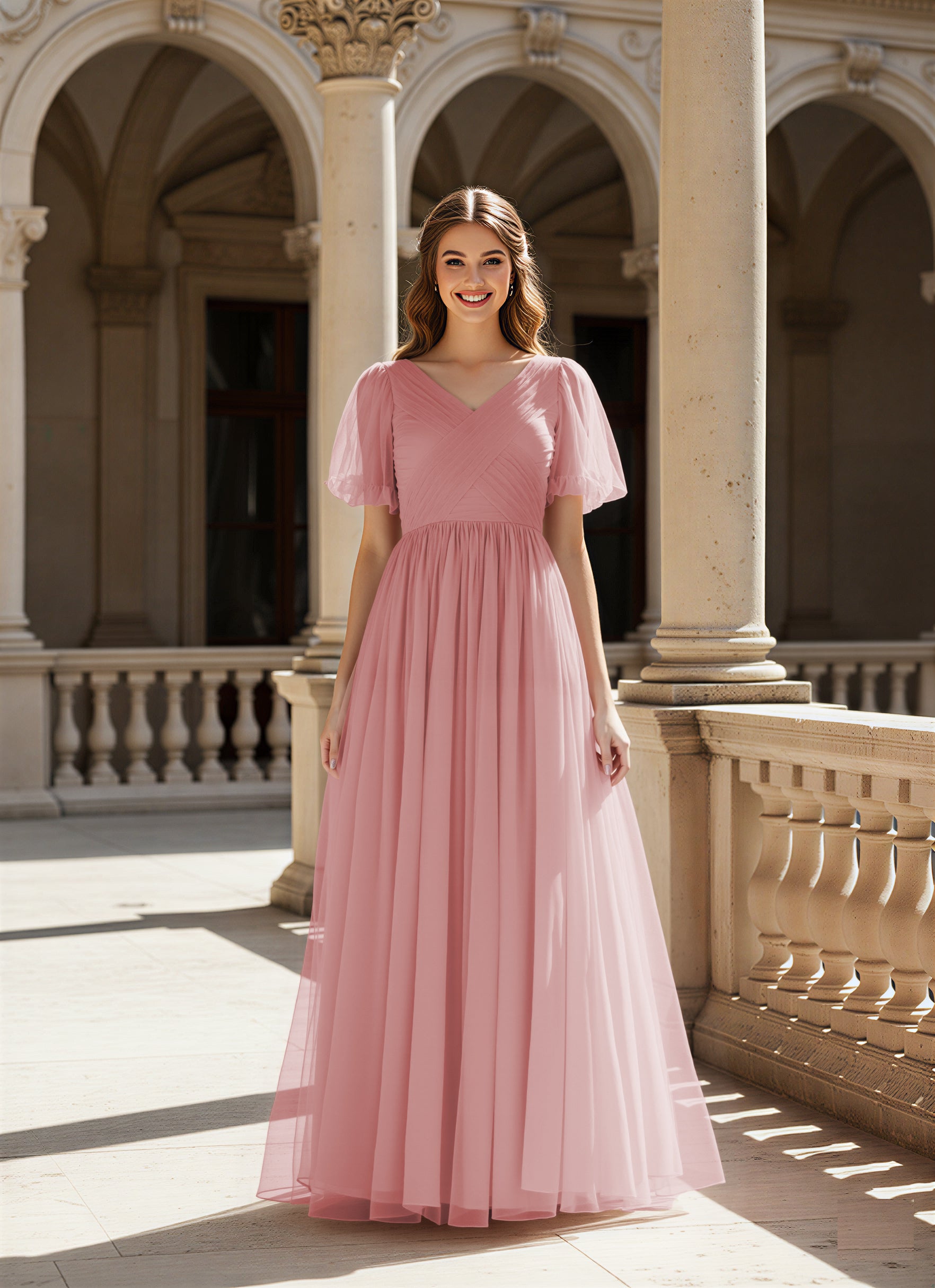 Graceful Bridesmaid Gown - Flutter Sleeve Design TFB8073