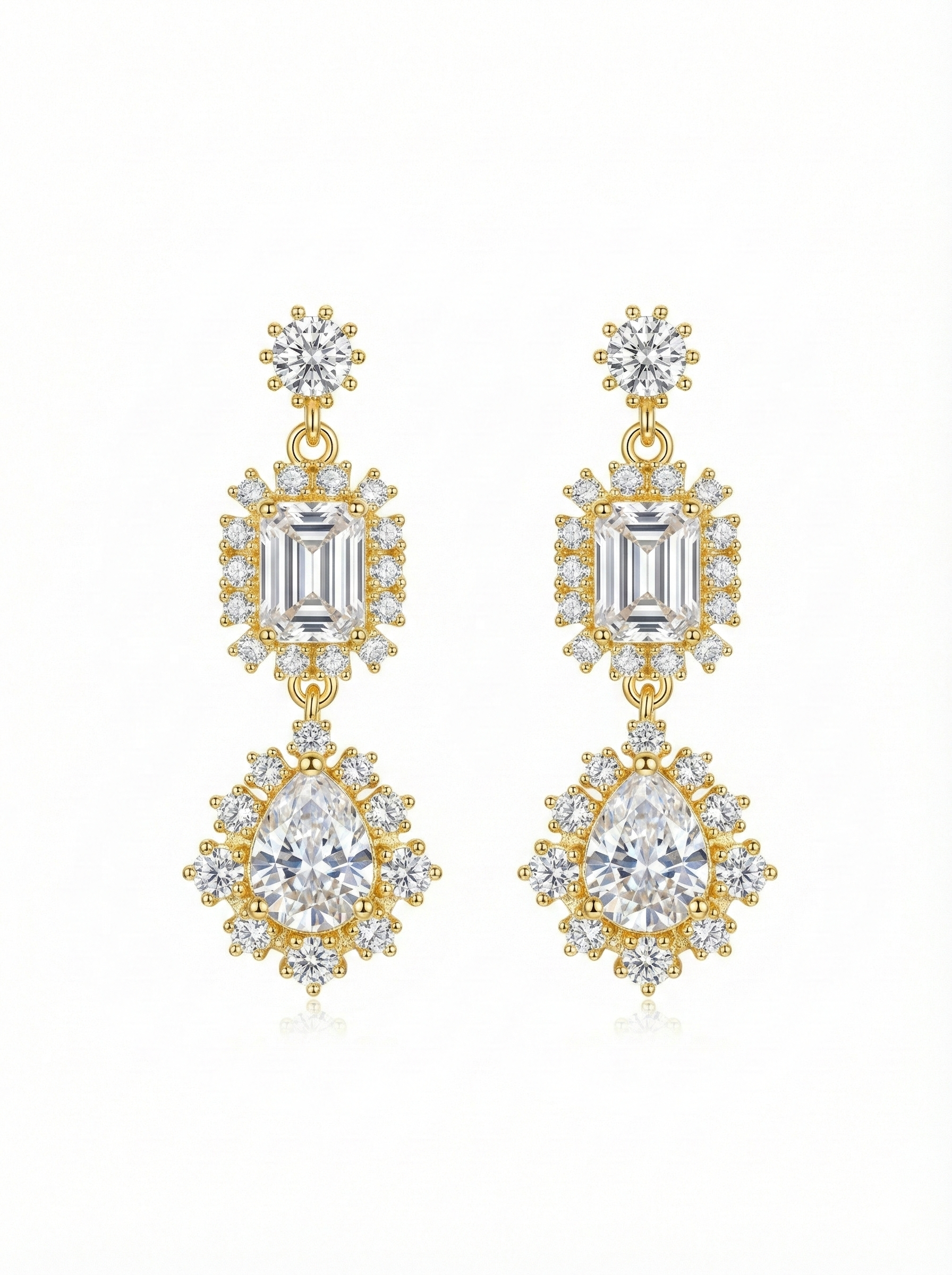 Opulent Gold-Tone Emerald Cut & Pear Drop Statement Earrings - YD012