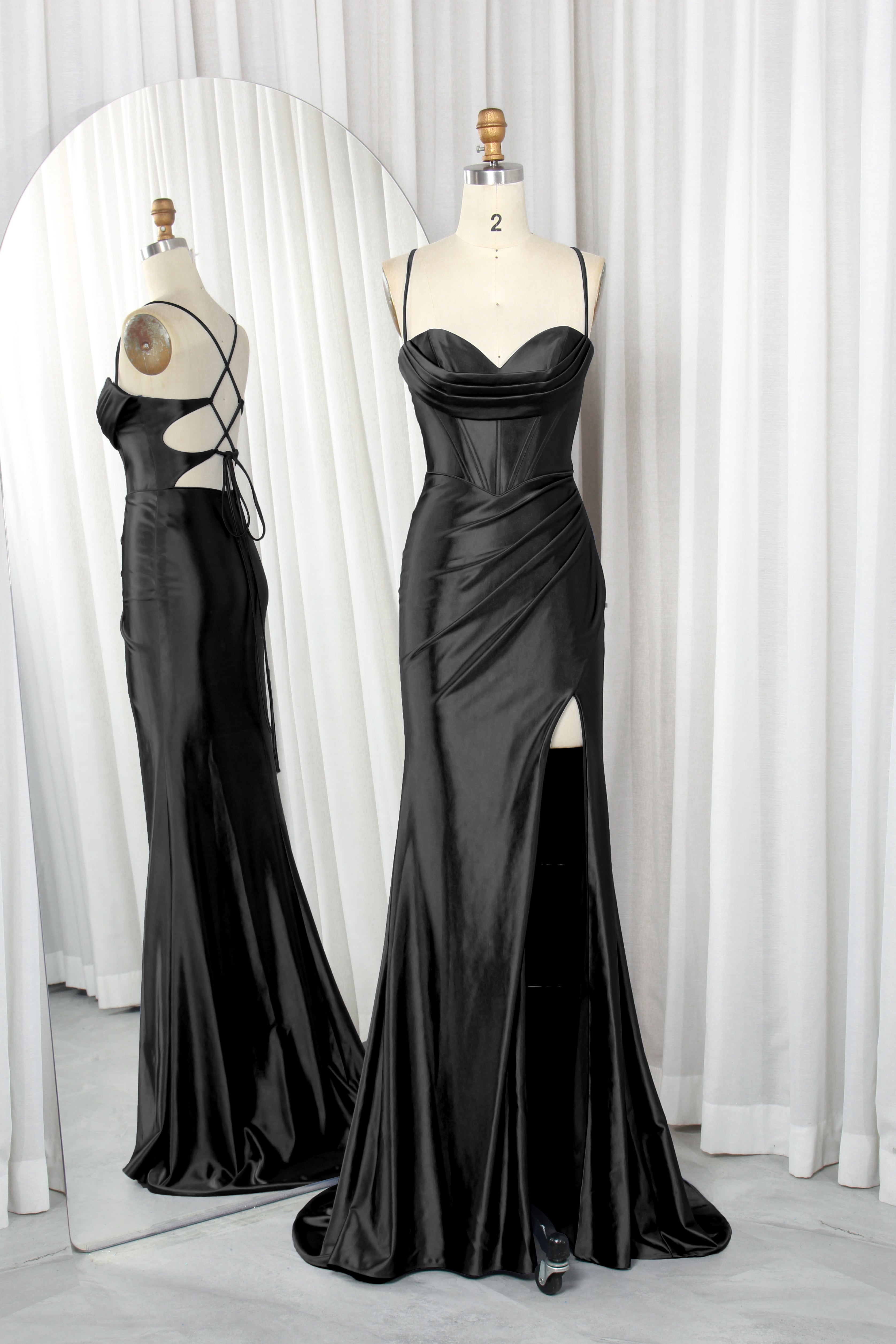 Satin Mermaid Prom Dress with Spaghetti Straps, Draped Bodice, Crisscross Back and Side Slit-TFB8009 Black
