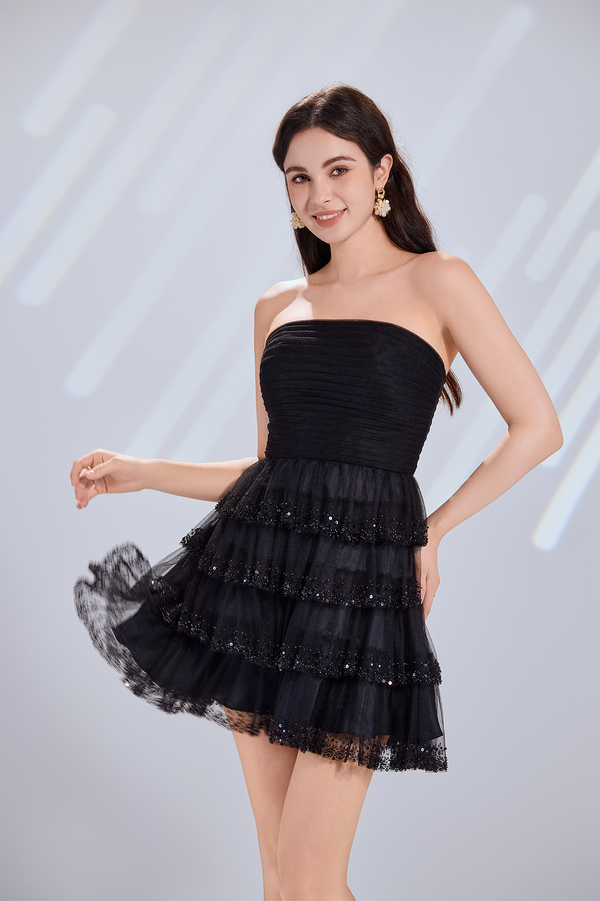 Sweetheart Neckline Tiered Tulle Homecoming Dress with Sequin-TFB5021