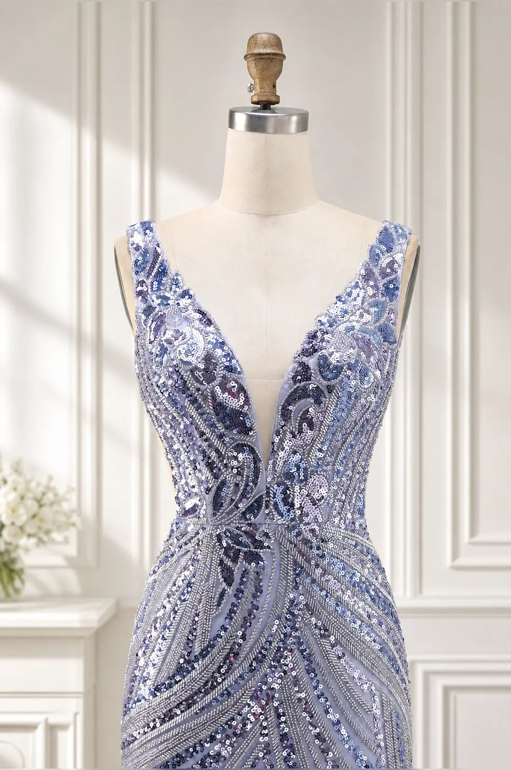 ZOE dusty blue sequin fitted V-neck dress, ornate beaded bodice