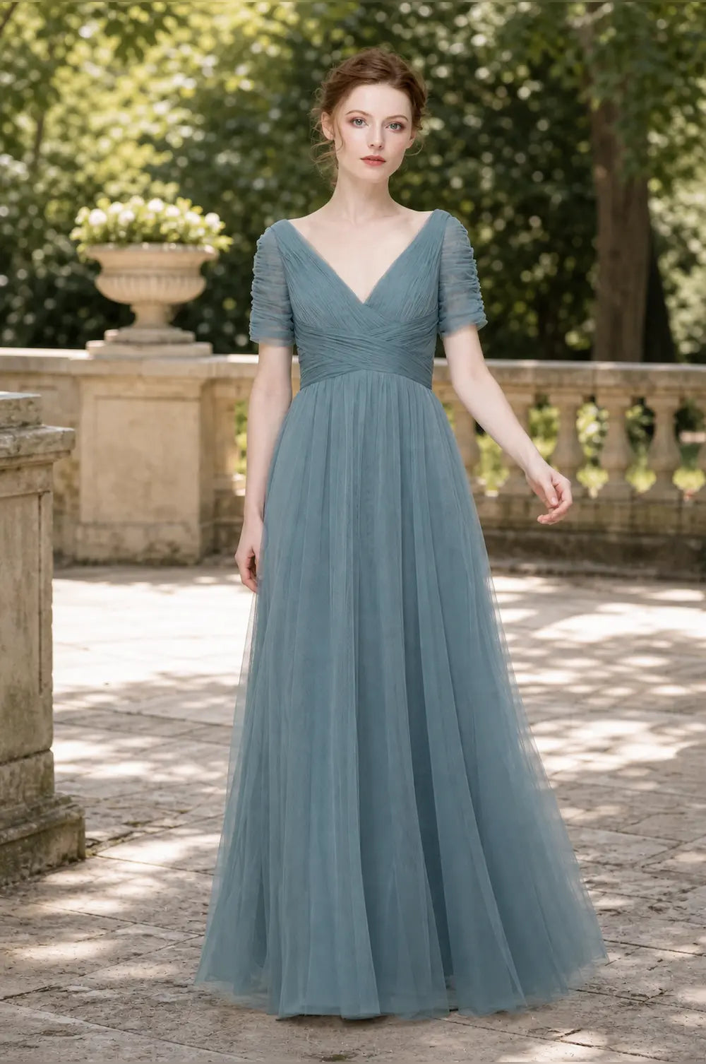Dusty green tulle A-line prom dress with V-neck and short sleeves
