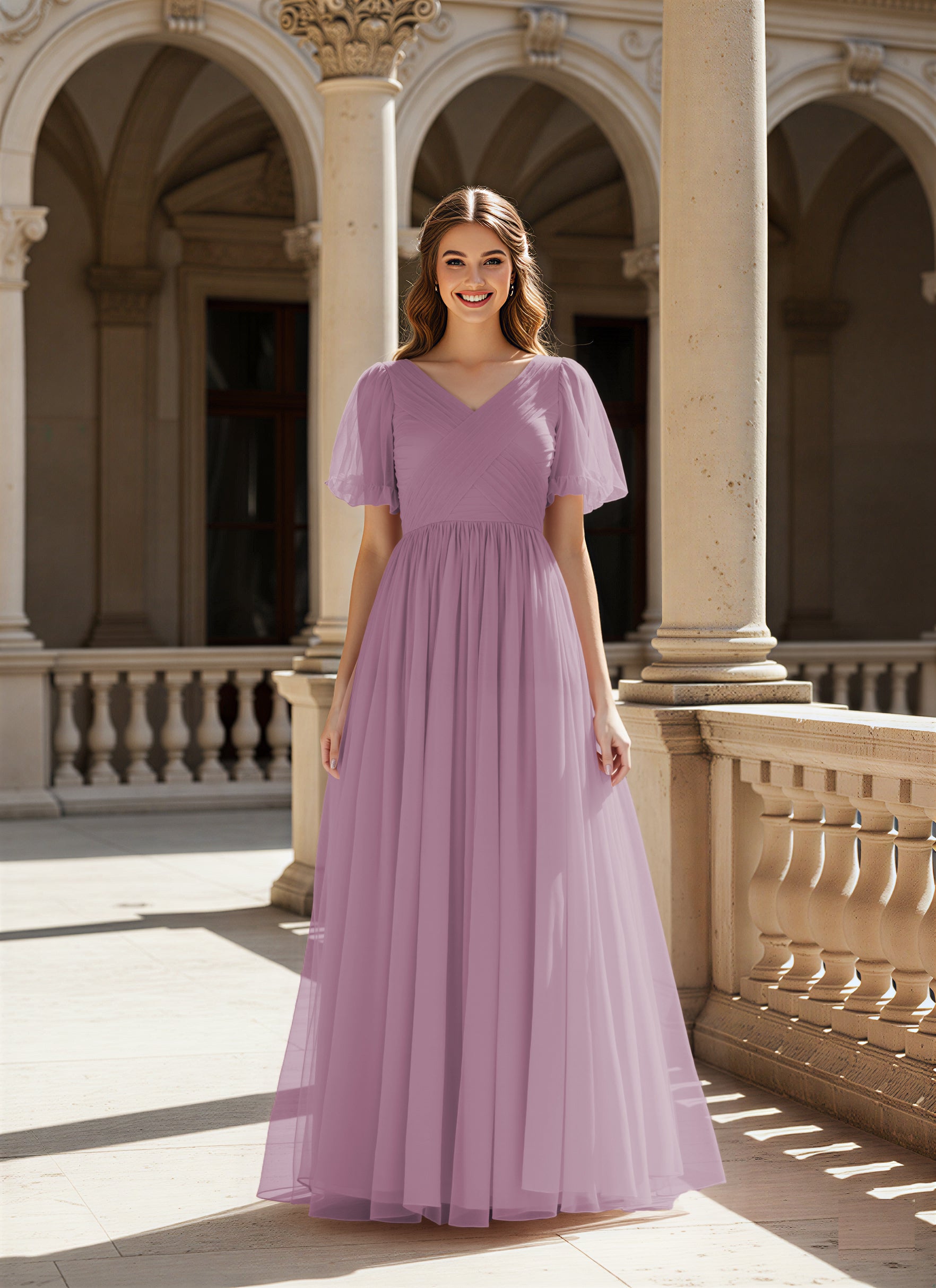 Graceful Bridesmaid Gown - Flutter Sleeve Design TFB8073
