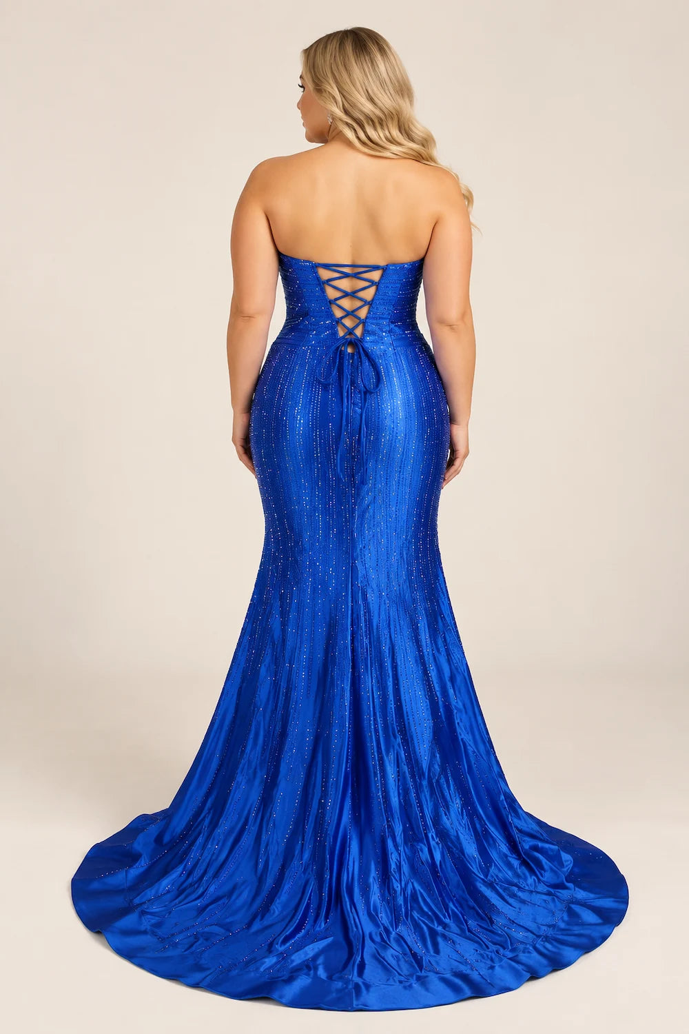 Royal blue strapless mermaid gown, lace-up open back with crisscross straps