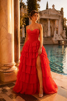 Red tiered ruffle prom ball gown with corset sweetheart bodice and front slit