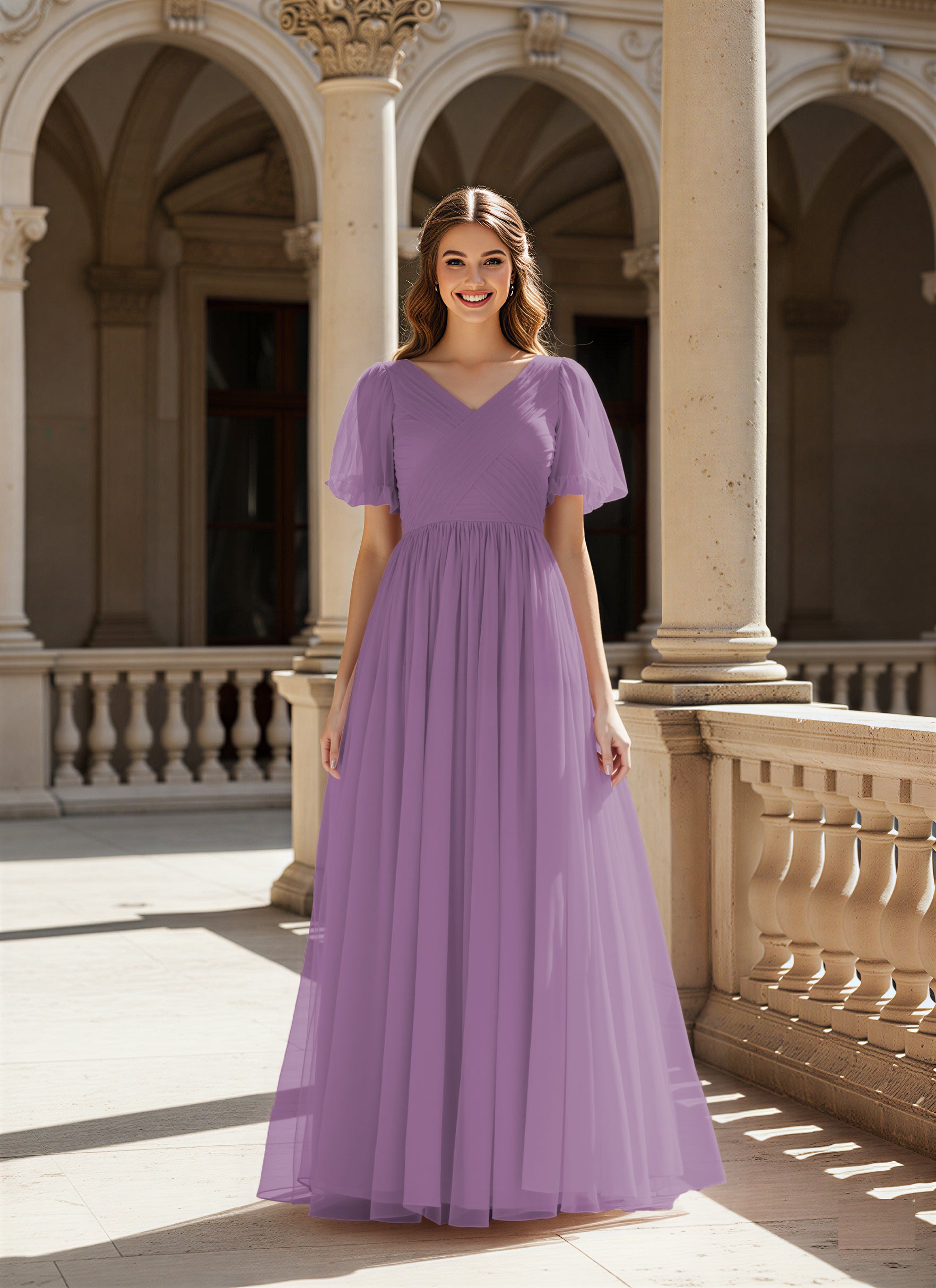 Graceful Bridesmaid Gown - Flutter Sleeve Design TFB8073